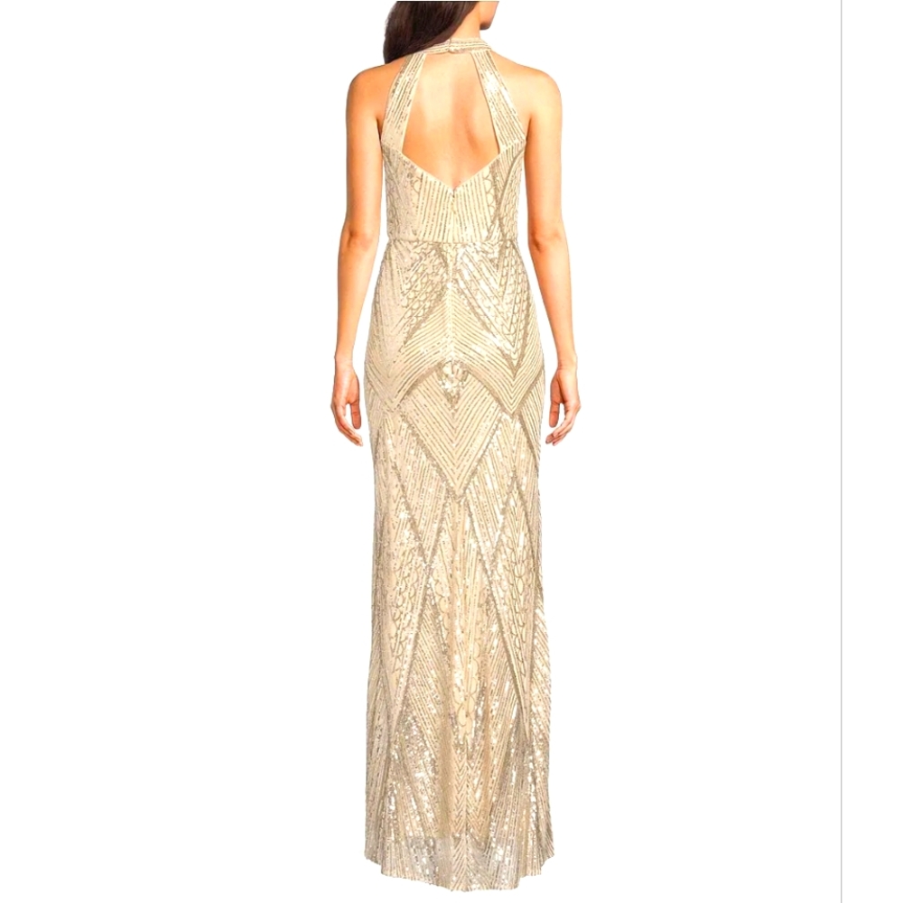 R&M Richards 6 Long Halter V-Neck Sleeveless Geometric Sequin Silver Nude New - Picture 2 of 9